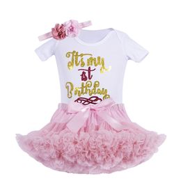 Baby girls Birthday outfits Infant 1st party tutu clothes set with headband White Bodysuit pettiskirt suit for baby 210806