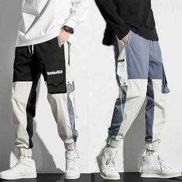 2021 Men Harem Pants Men's Cargo Pants Multiple Pockets Patchwork Ribbon Pants Streetwear Hip Hop Casual Chinese Size M-5XL X0723
