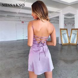 Missakso Sexy Backless Mini Dress Club A-Line Lace Up Purple Party Women Summer Spaghetti Strap Satin Dresses 210625