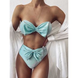 sexy bikini prink high waist swimsuit female bandeau biquini swimwear women summer solid Bathing suit Two piece set 210604