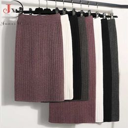 Autumn Winter Women Long Skirt Elastic Waist Warm Knitted Straight Slim Elegant Black Pencil Skirts faldas jupe femme 211120