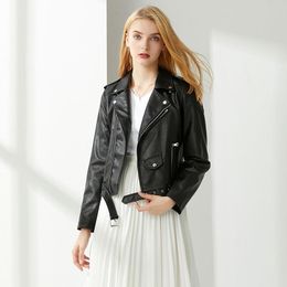 Women's Leather & Faux FMFSSOM Short Pu Jacket Female Rivet Zipper Basic With Belt Street Coat Ladies Motorcycle Jackets