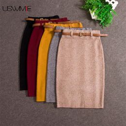 USWMIE Autumn Winter Casual Women High Waist Knee-length Knitted Pencil Skirt Elegant Slim Long Skirts High Quality Skirts Split 210311