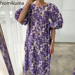 Nomikuma Summer New O Neck Puff Sleeve Dress Women Casual Loose Floral Printed Dresses Female Korean Vintage Vestidos 3c176 210302