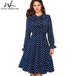 Nice-forever Elegant Vintage Polka Dots Pinup Flroal Dresses Casual Female Flare A-Line Swing Women Dress A130 210309