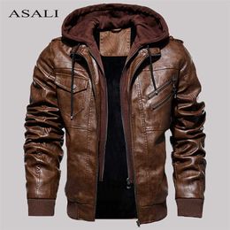 Casual Motorcycle PU Jacket Mens Winter Autumn Fashion Leather Jackets Male Slim Removable Hooded Warm Outwear Fleece Clothing 211008