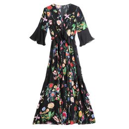 PERHAPS U Black Bohemian Boho Floral Print V Neck Flare Half Sleeve Empire Ruffle Midi Dress Women Beach D1769 210529