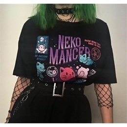 HAHAYULE YF Neko Mancer T-Shirt Unisex Cute Aesthetic Grunge Black Tee Satantic Gothic Clothing Witch Shirt 210310