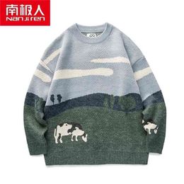 Nanjiren men Clothing Men Breathable Pullovers Warm Daily Casual O-neck Animal Print Long Sleeves Cotton Thin Sweater 210918