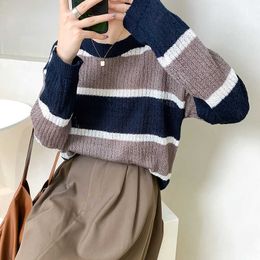 Autumn Knitted Sweater Women's College Style Contrasting Colour Bold Stripes Long-Sleeved Loose Round Neck Shirt 8036 210607