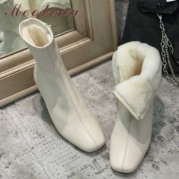 Meotina Real Leather High Heel Ankle Boots Women Boots Thick Heel Shoes Zip Square Toe Ladies Short Boots Warm Winter Beige 40 210608