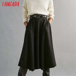 Tangada Women Winter Woollen Thick Midi Skirt Faldas Mujer Vintage Side Zipper Ladies Elegant Chic Mid Calf Skirts 4C85 210609