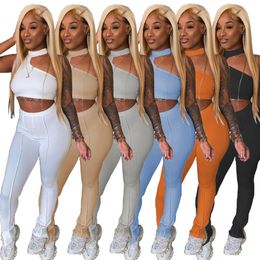 Designer Women Two Piece Pants Set Sexy Vest Leggings Casual Tracksuit Zipper Split Suit Solid Color Outfits