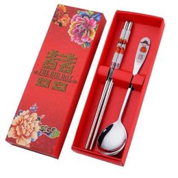 150 Pcs/lot Stainless Steel Dinnerware Double Happiness Red Colour Spoons Chopstick Sets Wedding Party Gifts For Guest