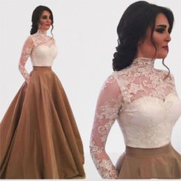 High Neck A Line Lace and Satin Evening Dress Long Sleeve Discount Floor Length Runway Fashion Prom Gowns