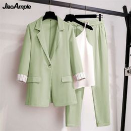 Women's Pants Set Spring Autumn Suit Jacket Suspenders Trousers Three-piece Korean Elegant Top Blazers Coat Pantsuit 211116