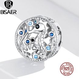 BISAER Sea Horse Beads 925 Sterling Silver Blue Zircon Seahorse Round Charms Fit DIY Bracelet Necklace Pendant For Women EFC266 Q0531