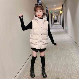 Fashion Children Warm Vests Solid Color Thicken Sleeveless Coats for Teenage Hooded Baby Girl Winter Clothes 4 8 12 14Years 210622