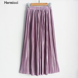 Hermicci Fashion Skirts Summer Pleated Long Skirts Women Metallic Midi Skirts Faldas Largas Mujer 210303