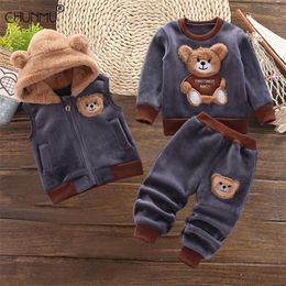 Children's Clothing Winter Suit 1 2 3 4 Years Toddler Boy Girl Fashion Fleece Thick Warm 3PCS Set Vest Hooded Tops Pants 211025