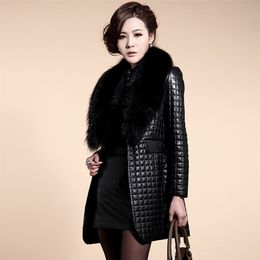 winter women thick long leather jacket with fur collar slim solid office ladies coat outerwear jaqueta de couro feminina 211220