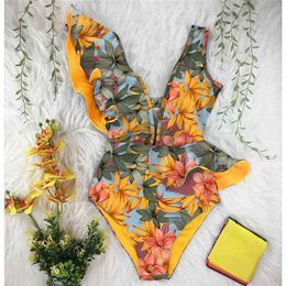 Swimsuit Print Plus Size Swimwear Women V-Neck Belt Monokini Sexy Ruffle Bathing Suits Push Up String Beach Wear 210702