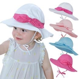 Summer Baby Hat Bow Floral Girls Bucket Hats Travel Beach Big Brim Children Cap with Windproof Rope 12 Designs DW6481