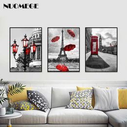 Black and White Tower Red Umbrella Canvas Painting Paris Street Wall Art Poster Prints Decorative Picture for Living Home X0726