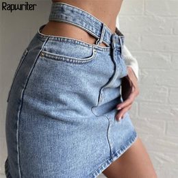 Rapwriter Hollow Out Sexy High-Waisted Skirts Women Slim Harajuku Vintage Denim Skirt Pocket Streetwear Pencil Skirts Mini Saias 210310