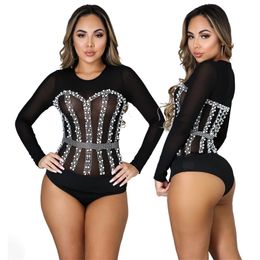 Summer Mesh Sheer Diamond Beading Bodysuits Tops Female Long Sleeve Sexy See Through Skinny Black Club Outfits Rompers 210604