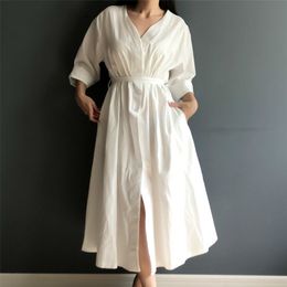 Spring Summer Cotton Linen Elegant Ladies Pleated Long White Dresses V Neck Lace Up Bow Colorfaith New Women Dresses 210309