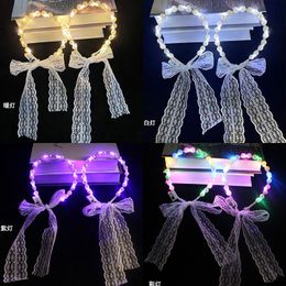 Fairy Colourful Flashing Glow Three-stage Changing Birthday Wedding Party Coloured Led Light Pearl Hairband Lace Pearl Headpiece