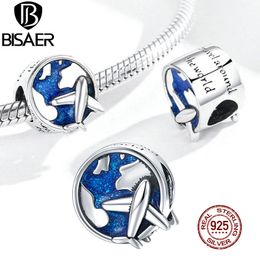 BISAER Airplane to Travel Beads 925 Sterling Silver Blue Enamel Round Charms Fit Bracelet Necklace Pendant Jewelry ECC1568 Q0531
