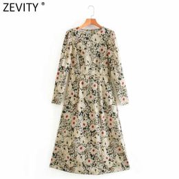 Zevity Women Vintage O Neck Flower Print Back Buttons Midi Dress Female Pleats Puff Sleeve Casual Slim A Line Vestido DS4988 210603