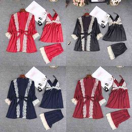 Custom stitched imitation silk Pyjamas Nightgown set summer women's home clothes 211202
