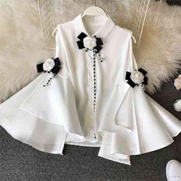 Spring Summer Vintage Lapel Strapless Big Flare sleeve Long Slim Chiffon Shirt 3D Flower Deco Blouse Women 210719