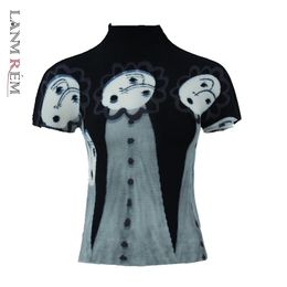 LANMREM niche printting short sleeve pleated t-shirt tee for famle summer new trend stretch Turtleneck tops women YJ782 210306