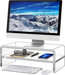 Acrylic Monitor Stand, 2 Tiers Clear Monitor Riser Computer Stand for Office, Home, Office, 5.5 Inches Hight PC Desk Stand for Keyboard Storage, Premium Platform