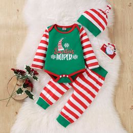 New Year Costume Baby Boys Clothes Set Xmas Letter Print Bodysuit Striped Pants and Hat 3pcs Baby Christmas Outfit 1- 2 Years G1023