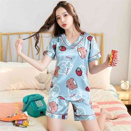Summer Silk Ice Pyjamas Female Cute Japanese Short-sleeved Pullover V-neck Thin Section Pijamas Women Sleepwear 210830