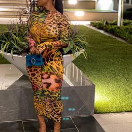 Casual Dresses High Stretch Women Leopard Print Long Sleeve O-neck Bodycon Midi Maxi Dress Female Club Night Party Vestidos