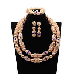 Earrings & Necklace Royal Blue Zircon Women Costume African Wedding Jewellery Set Double Layers Dubai Gold Copper Alloy Bridal ABG28