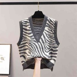 Waistcoat vest jacket autumn knit women's sweater winter zebra pattern outer wear loose Korean style 210819