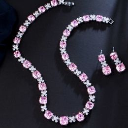 CWWZircons Super Sparkling Square Cut Pink Cubic Zirconia Crystal Women Wedding Necklace Party Bridal Costume Jewelry Sets T574 H1022