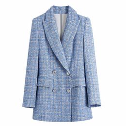 Fashion Double Breasted Tweed Check Women Blazer Coat Vintage Long Sleeve Flap Pockets Female Outerwear Chic Tops 210928