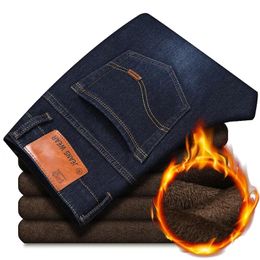 Men's Jeans Autumn Winter 2021 Plus Fleece Warm Business Casual Loose Straight Stretch Denim Trousers Brand Male Fit Pants