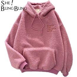 SheBlingBling Faux Fur Fluffly Autumn Winter Women Hoodies Letter Embroidery Hooded Sweatshirt Loose Long Sleeve Pullovers 201030
