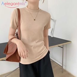 Aelegantmis Short Bottoming Slim T Shirts Women Basic Soft Female Solid Sleeve Casual Korean Chic ops Summer 210607