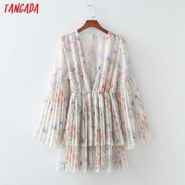 Tangada Fashion Women Flowers Print Pleated Dress Flare Long Sleeve Ladies Mini Dress 1D270 210609