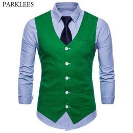 Mens Casual Green Cotton Linen Suit Vest Spring 9 Colours Waistcoat Men Business Wedding Dress Vest Waistcoat Male Gilet 211120